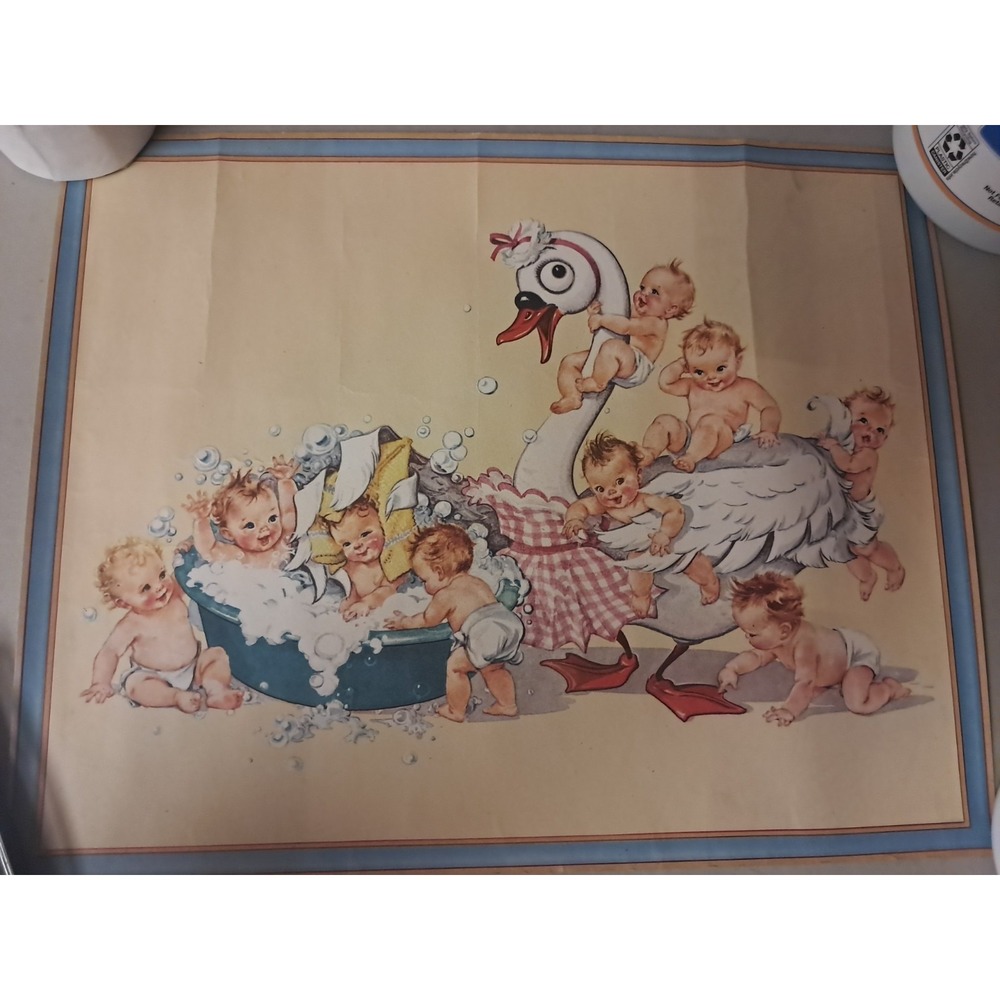 2 -  VTG 40's Swan Soap Ad Print Babies Mother Goose Cute Nursery Decor 15"x12"